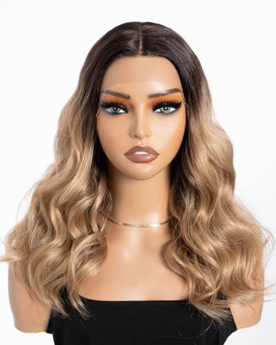 Style Icon Perücke mit Filmansatz 44cm Lace Front Wigs Curly Wellige Perücken für Frauen Mittelscheitel Kunstfaser synthetische Faser 130% Dichte (blond)
