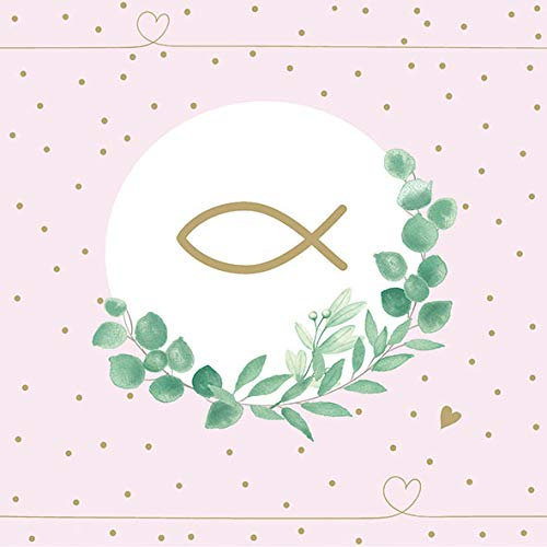 Servietten Konfirmation - Kommunion 20er Pack Papierservietten - Fischmuster mit rosa Efeu - für Kommunion, Konfirmation, Taufe - Tischdeko 33 x 33 cm