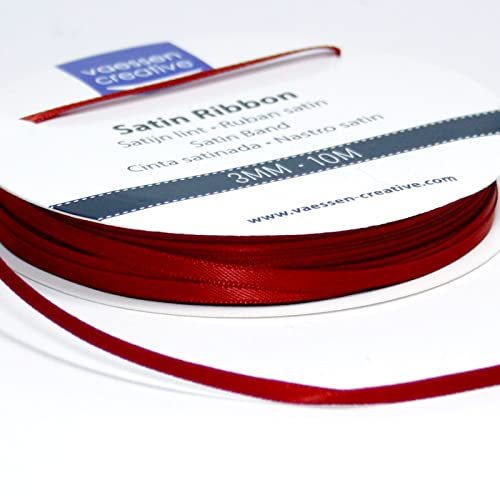 Vaessen Creative Satinband, Dunkelrot, 3 mm x 10 m Doppelsatinband, Schleifenband, Dekoband, Geschenkband, Stoffband für Hochzeit, Taufe und Geburtstagsgeschenke
