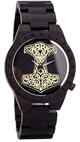 YCYR Thors Hammer Uhr aus Holz für Herren, Nordische Mythologie Odin Mjolnir Rune Handgefertigte Quarzuhren mit Schwarzem Vintage Verstellbarem Armband