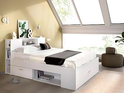 DEKIT GRUPO RIMOBEL LANKA - Cama de matrimonio con almacenaje en cabecero y bajo cama - Blanco - 95x149x218 cm