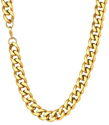 U7 Gold Chain for Men, Mens Cuban Chains Necklace, 12mm Width 20 Inch 51cm Length, Stainless Steel Curb Link Necklaces Fake Golden, Sturdy Chunky Neck Jewellery for Layering, Gift for Boyfriend