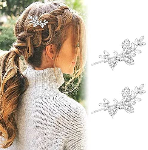 QINERSAW 2 PCS Pinces à Cheveux Mariage Pince Cheveux Mariage Argenté Pince a Cheveux Feuille Pince Coiffure Mariage Pince Cheveux Chignon Mariage pour Mariage Soirées Gala,7.5 * 3.2cm, Argent