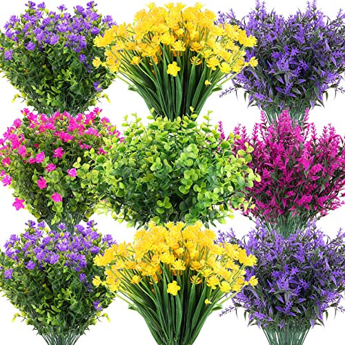 24 Bundles Artificial Fake Flowers Silk Plastic Flower Plants Faux Outdoor Flowers Boxwood Plastic Shrubs Plants for Patio Porch Garden Window Box Home Wedding Farmhouse Vase Pots Hanging Planters