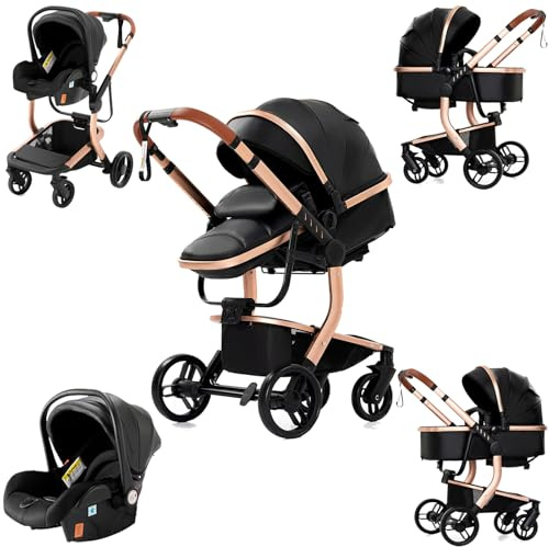 Magic ZC PU-Leder Kinderwagen 3 in 1, Kinderwagen Set Umkehrbarem Doppelschiebemodus, Kombikinderwagen 3 in 1 Großer Bequemer Babywanne, Buggy Rahmen Aluminiumlegierung Faltbar (518 Black)