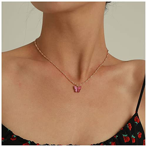 Dervivea Collier Papillon Boho Rose Collier Pendentif Papillon Acrylique Collier Papillon Acrylique Rose Collier Chaîne Torsadée Minimaliste En Or Bijoux Pour Femmes Et Filles