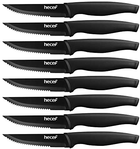 hecef Steakmesser Set, 8 Teiliges Scharfe Steakmesser mit Wellenschliff und Ergonomischem Griff, Schwarzes Oxid Tafelmesser Set, Kleine Messer aus Edelstahl für Küche und Esstisch, 12,7cm