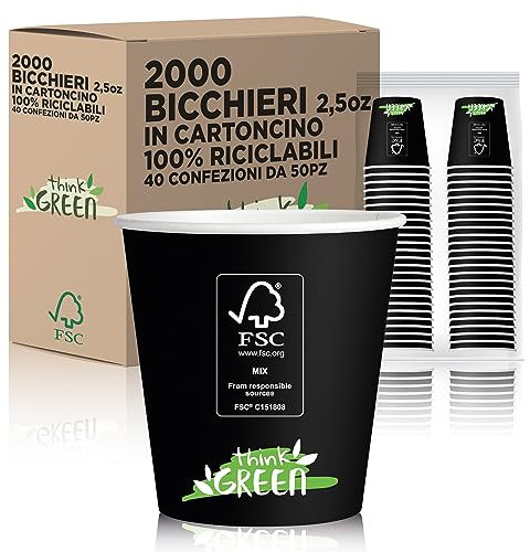 cubex professional 2000 Bicchieri in cartoncino da 75 ML Neri, per Caffè, Acqua, Bevande Calde e Fredde, 100% Riciclabili