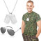 2 Stück Flieger Captain Kostüm Set Flieger Verkleidung Accessoires Sonnenbrille Fliegerbrille und Silber Erkennungsmarke Kette Metall Hundemarke Halskette für Armee Militär Cosplay (Klassisch)