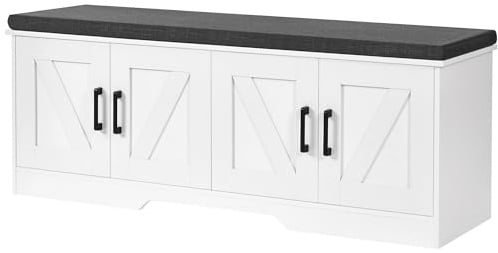 HOMSHO Farmhouse Shoe Storage Bench with 4 Barn Doors & Padded Seat Cushion
