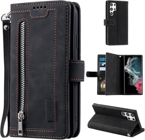 UEEBAI Hülle für Samsung Galaxy S24 Ultra 5G, Reißverschluss Handyhülle PU Leder Klapphülle Silikon Bumper mit 9 Kartenfächer Standfunktion Geldbörse Trageband Schutzhülle Wallet Case - Schwarz