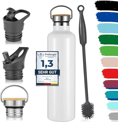 Milu Edelstahl Trinkflasche 350ml 500ml 750ml 1000ml (+3 Deckel) Thermosflasche mit Strohhalm, Isolierte Wasserflasche, Auslaufsichere Isolierflasche doppelwandig, Kohlensäure geeignet (Weiß, 1000ml)