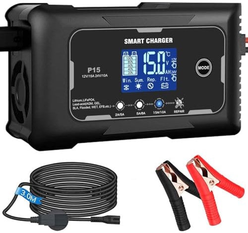 HTRC Caricabatteria auto 12 V/15 A & 24 V/10 A, caricabatterie per batterie auto, moto, tosaerba, barca, litio, LiFePO4, acido piombo (AGM, gel, MF, EFB, SLA, VRLA ecc.)