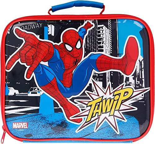OM SUPPLIES Spiderman - Lonchera rectangular con múltiples compartimentos para niños, con aislamiento térmico, tamaño perfecto para empacar aperitivos fríos o calientes para guardería, escuela y