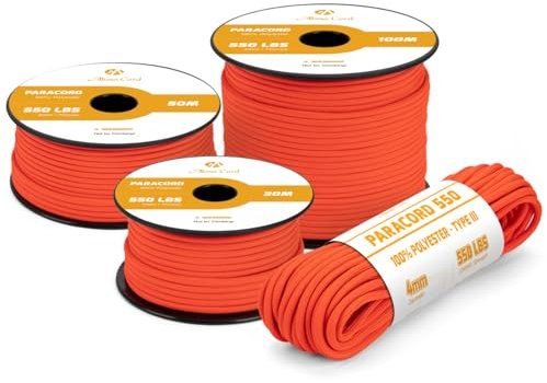 Abma Cord Paracord 4mm 100m Schnur Typ III Paracord 550 Seil 7 Kern für Outdoor, Camping, Survival, Basteln, Armband - Max. 250kg - Neon Orange