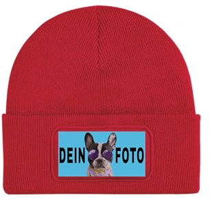 NIMAMA Unisex Erwachsenen Mütze Beanie Bedrucken Lassen - Mit Wunschfoto personalisiert - Individuell als Geschenk für Herren und Damen selbst gestalten - Rot