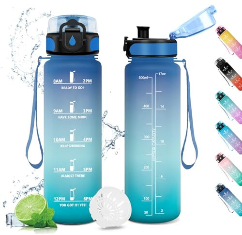 Gourde 500ml Enfant, Étanche & Réutilisable, Gourde Sport avec Filtre et Marqueur de Temps, sans BPA, Gourde Motivation pour Enfant, Adulte, Cyclisme, Bureau, l'école, Camping, Yoga, Sport, Gym