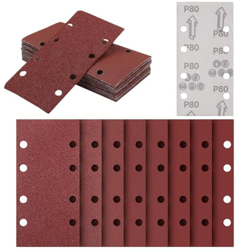 Jortmrd 48 Pezzi Carta Abrasiva Kit, 93 x 185mm Carta Vetrata Grane 40/60/80/120/180/220/320/400, Tamponi Abrasivi 8 Fori con Gancio e Anello per Levigatrici Orbitali Rettangolari e Levigatrici Bosch