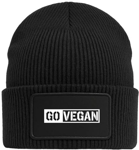 Huuraa Beanie Go Vegan Modern Geschenk | Black Geschenkidee Schwarze Rippstrick Wintermütze mit austauschbarem Klett Patch