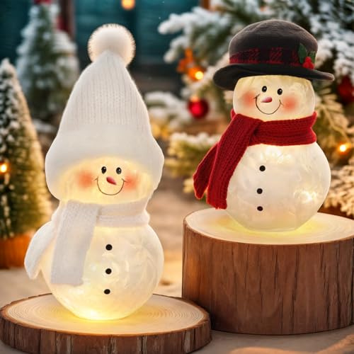 Lewondr 2PCS Décorations De Table De Noël, 6,5 Figurines Bonhommes Neige Lumineuses, Bonhommes Neige en Verre Craquelé Noël avec Écharpes Et Bonnets Tricotés pour La Maison