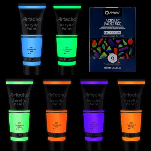 Artecho Acrylfarbe Leuchtfarbe (6er-Pack) 120 ml, Wasserfest und Lichtecht, Schnell Trocknend, Acrylfarbe für Leinwand, Holz, Stoff, Handwerk, Leder und Stein.
