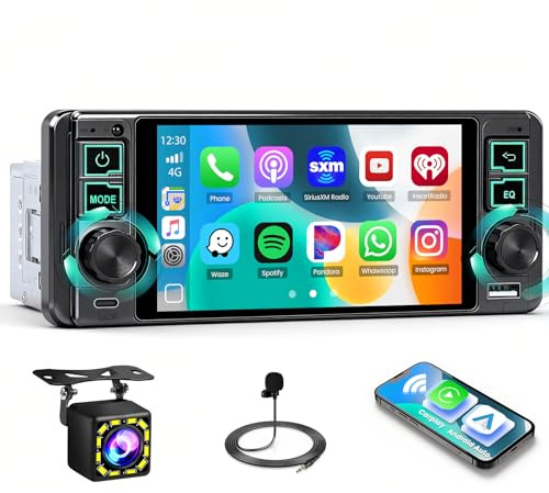 Roinvou Autorradio 1 DIN Carplay Android Auto Inalámbrico y Pantalla 5.1 Pulgadas, Autorradio 1 DIN con FM Bluetooth, GPS/Navegación, EQ, Interfaz, Mirror Link USB/Type-C, Cámara de Marcha Atrás y SWC