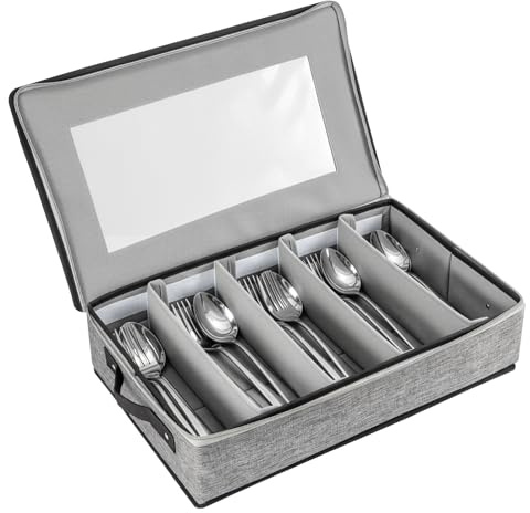 EVERGOODS Flatware Utensil Storage Case with Lid, 5 Compartment Silverware Storage Box with Adjustable Dividers, Hard Shell Cutlery Organizer with Handles for Knives, Forks & Spoons