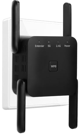 WLAN Repeater, 1200Mbit/s WLAN Verstärker Dual-Band 5GHz/2.4GHz mit Ethernet-Port, WiFi Booster mit Repeater/Router/Access Point Modus, 4 Antennen WiFi Range Extender, kompatibel zu Allen WLAN Routern