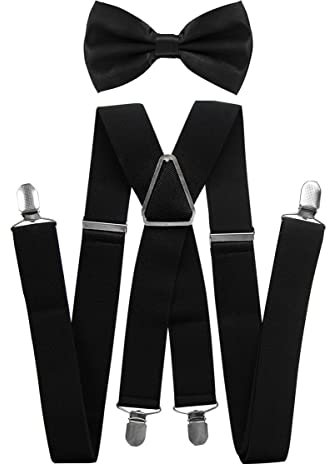 axy® Hochwertige Herren Hosenträger mit Fliege - 4 Starken Clips X-Form (Schwarz (Hosenträger Breit 3,5cm))