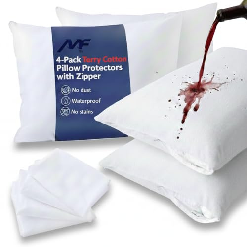 4 Pack Waterproof Pillow Protectors Terry Cotton Anti Bed Bug Dust Mite Anti Allergy Feather Proof with Zipped Closure – Hypoallergenic, Breathable for Ease (50x75cm 4-pack)