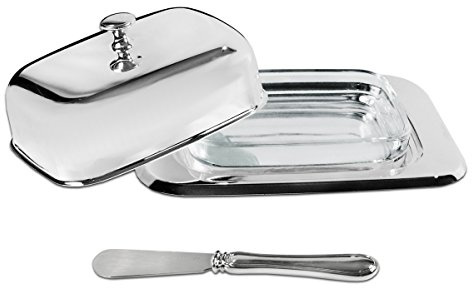 SILBERKANNE Butterdose mit Messer Versilbert 18cm – 4-tlg. Set Premium Silver Plated – Edle Butterglocke für die Frühstückstafel
