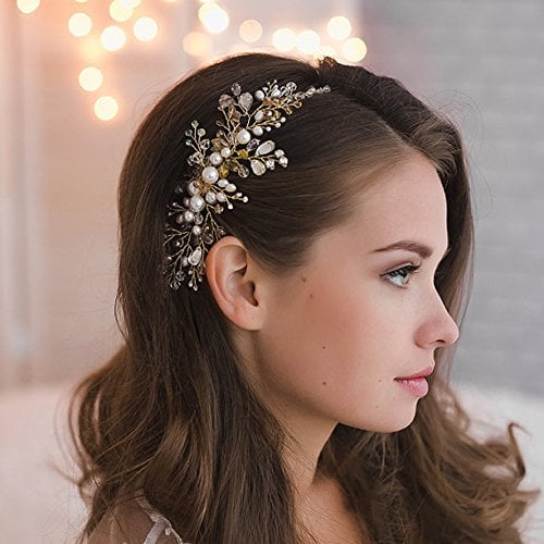 Kercisbeauty Wedding Bridal Bridesmaids Flower Girl Crystal and Pearl Side Hair Comb Slide Headpiece Long Curly Bun Hair Accessories for Prom(Rose Gold)