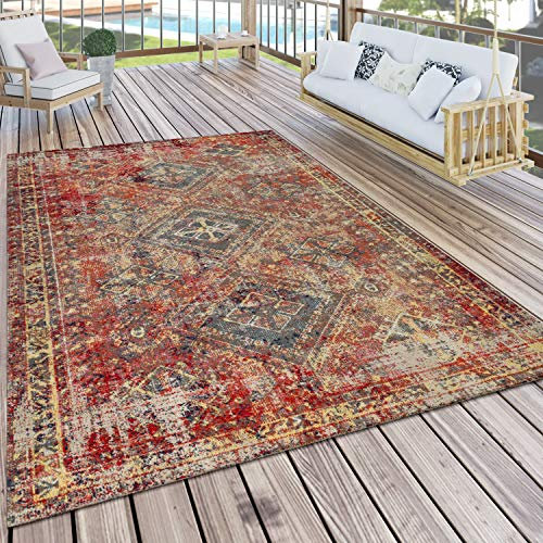 Paco Home Teppich Outdoor Rot Terrasse Balkon Orientalisches Design Robust Wetterfest, Grösse:80x150 cm