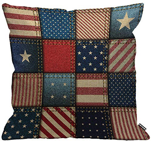 HGod, federa per cuscino con bandiera americana, patchwork di bandiera americana quadrata, in denim con stelle blu e rosse, decorazione per la casa, soggiorno, camera da letto, sedia, 45 x 45 cm