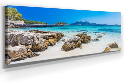 Panorama Leinwand, Sandstrand Formentor, Mallorca - als 150x50cm großes XXL Leinwandbild. Wandbild als Hintergrund und Deko für Wohnzimmer & Schlafzimmer. Aufgespannt auf 2cm Holzrahmen