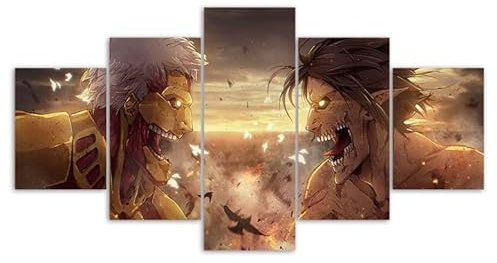 3D Leinwandbilder 5 Teile Xxl Vlies Leinwand Bilder Dekoration Attack On Titan Pictures Anime Bild Auf Leinwand 5Tlg Bilder Mehrteilig Zum Aufhängen 150×80Cm (Mit Rahmen)