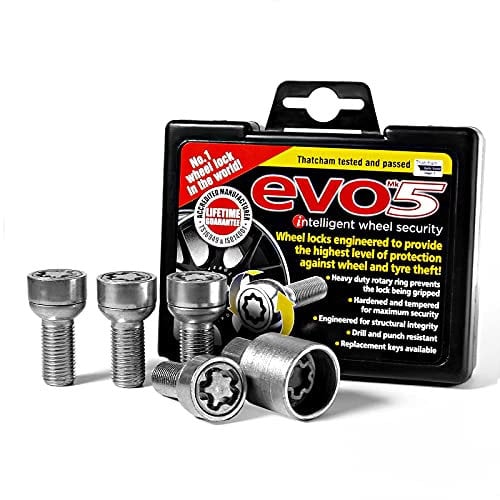 BITS4REASONS - NEW MODEL E TECH EVO5 COMPATIBLE WITH VW AUDI SEAT SKODA BENTLEY O/E QUALITY ANTI-THEFT LOCKING WHEEL BOLT SET (4 BOLTS AND KEY) -SILVER M14 x 1.5