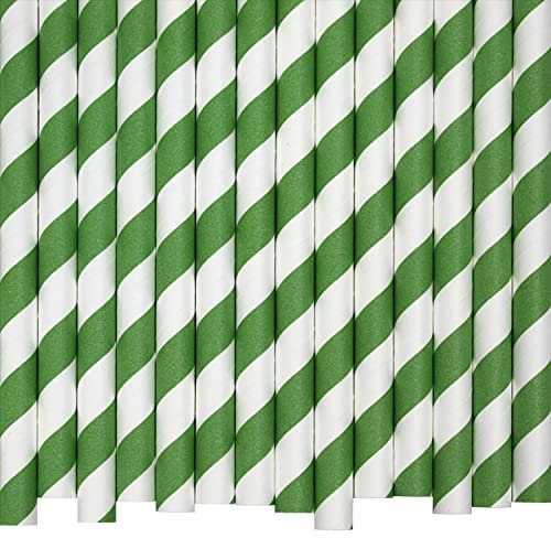 Green & White Striped Paper Straws (10mm x 200mm) - Pack Size 200 - FSC Certified/Food Safe/PFAS Free/Biodegradable/Eco-Friendly/Durable/Ideal for Milkshakes & Smoothies