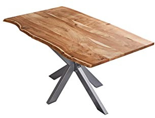 SAM Esstisch 180x90cm Benni, Akazienholz massiv + naturfarben, echte Baumkante, Baumkantentisch mit Spider-Metallgestell Silber, Esszimmertisch mit Tischplatte 26mm
