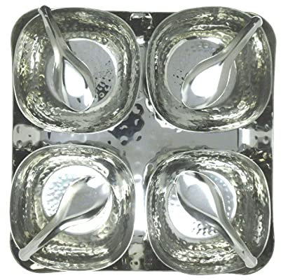 Beghal Beautiful Elegant Authentic 9 Piece Square Hand Hammered Tray Thali & Stainless Steel Katoris (Bowls) Relish BBQ Pickle Sauce Chutney, Dip Server Dishes, Silver