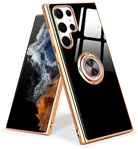 Urarssa Kompatibel mit Samsung Galaxy S22 Ultra 5G Hülle, Glänzend Weiche Handyhülle mit 360 Grad Ring Ständer Schutzhülle, Stoßfest Samsung S22 Ultra 5G Hülle, Schwarz