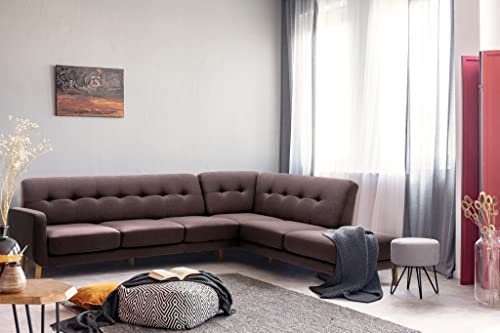 Bravich Right Hand L-Shaped Chaise Lounge Corner Sofa- Dark Brown. 5 Seater Large Fabric Sofa With Wooden Legs For Living Room Home Decor Furniture. Five Piece Set.