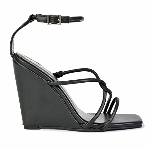 ESSEX GLAM Womens Ankle Strap Sandals Ladies Wedge Heel Square Toe Strappy Summer Shoes Size Black Pu