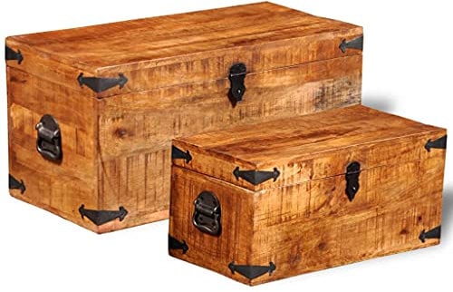 2 Stück Aufbewahrungstruhen Set Truhe Holztruhe mit Metallbeschlägen, Antikoptik, Kolonialstil Holzbox Nostalgie-Dekoration, Raues Mangoholz