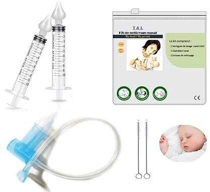 T&L Kit Mouche bebe manuel, seringue nasale bebe, pipette nez bébé, trousse de rangement. Aspirateur nasal nouveau-né et enfant, démontable et lavable, embout silicone réutilisable (Bleu)
