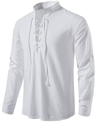 AUDATE Leinenhemd Herren Langarm Freizeithemd Herren Hemd Regular Fit Men's Casual Shirt Weiß L