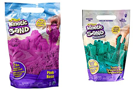 Kinetic Sand Beutel Pink, 907 g - magischer Sand aus Schweden für Indoor-Sandspiel, ab 3 Jahren & Schimmersand Petrol, 907 g - blaugrüner Glitzersand für Indoor-Sandspiel aus Schweden, ab 3 Jahren