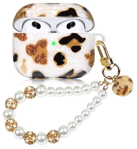 Kompatibel mit AirPods 3 Hülle Schutzhülle und Haut Case für AirPods 3 Voller Schutz Schutzhülle mit Perle Lanyard für Mädchen Frau Leopard