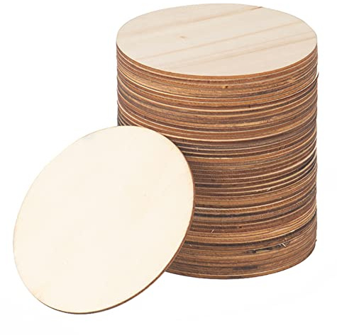 50 Pcs Unfinished Wood Pieces, 10x10cm Round Shape Blank Wood Natural Slices Wooden Circle Cutouts Coaster for Crafts, Painting, Coasters, Pyrography Art, Staining Burning, Christmas Decoration DIY