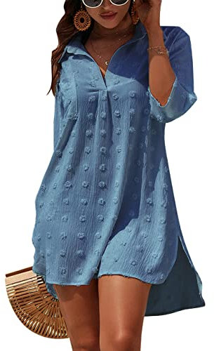 Blooming Jelly Womens Beach Cover Up Summer White Chiffon Beach Dress V Neck 3/4 Sleeve Beachwear Sarongs